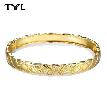 TYYL Vintage Glossy Diamond-shaped Cross Bracelet for Women Gold Plated Rhombus Zircon Quilted Surface Texture Bangle Jewelry